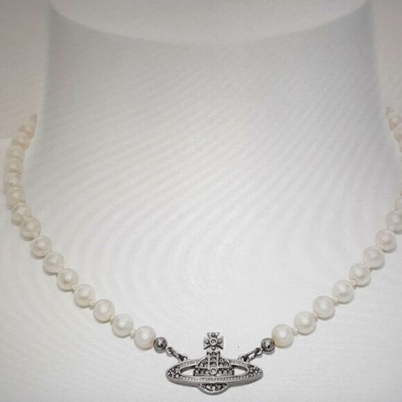 New Silver Saturn Pearl Necklace New With Tags Women's 16" - Picture 5 of 5